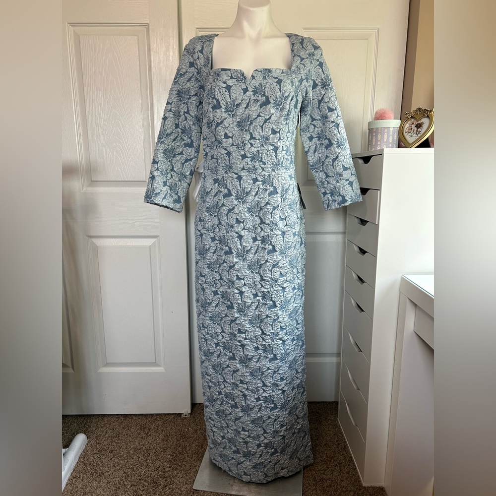 JS Collections Blue Floral Jacquard Column Gown Dress